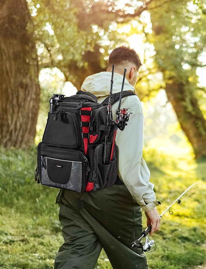 Piscifun Fishing Tackle Backpack with 4 Trays, Large Outdoor Storage Tackle Bag with Protective Rain Cover for Fishing Gear