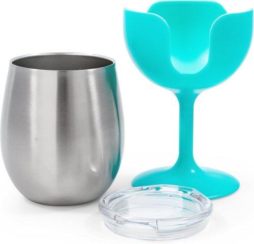 Camco Life is Better at The Campsite 8 oz Wine Tumbler 2 Pack - Heavy Duty Double Wall Vacuum Insulation - Crafted of 18/8 Stainless Steel - Features Removable Blue & Pink Stems (51915)