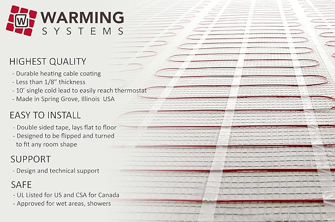 100 Sqft Mat, Electric Radiant Floor Heating System with Digital Floor Sensing Thermostat, Includes 2 Floor Temperature Sensors and Installation Monitor, Heated Floor System, Radiant Floor Heating Mat