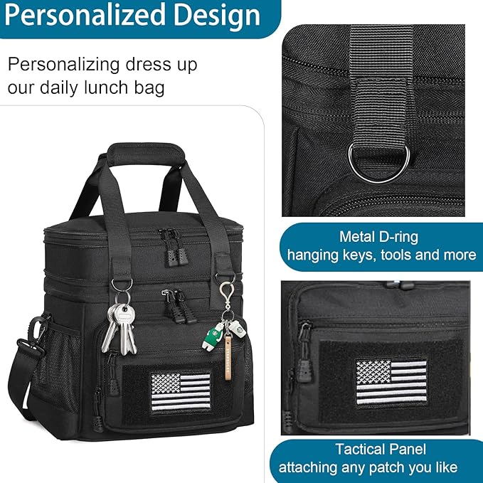 GLENKEY Double Deck Insulated Lunch Box, Expandable Large Lunch Bag Leakproof Cooler Bag Lunch Pail for Men Women Adults Work Shifts Travel Daytrip, 16L, Black