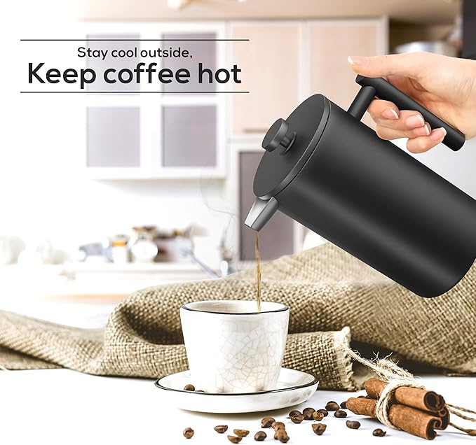 Utopia Kitchen Stainless Steel French Press Coffee Maker 21 Oz, French Press Tea Maker, Cold Brew Portable Travel Coffee Presses, Tea Press Gifts Black