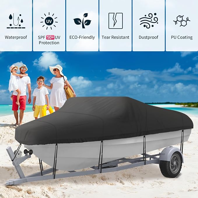 NEXCOVER Trailerable Boat Cover, Length: 20'-23' Beam Width: up to 100", Waterproof Heavy Duty Cover, Fits V-Hull, TRI-Hull, Runabout, Pro-Style, Bass Boat, Storage Bag & Tightening Straps Included.