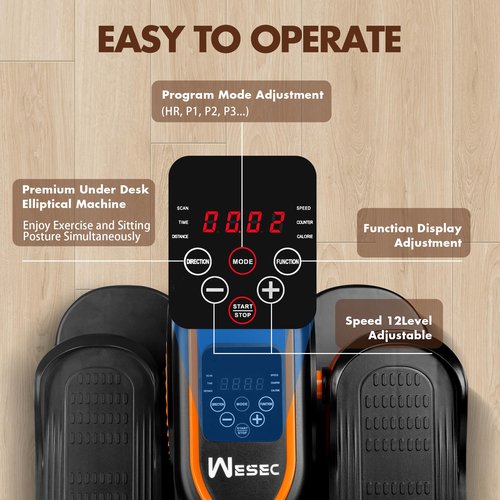 Wesec Under Desk Elliptical Machine, Electric Elliptical Training Machine w/Remote & 12 Speeds Level, Manual & Auto Mode, Elliptical Traier for Seniors Seated Pedal Exerciser for Home Office