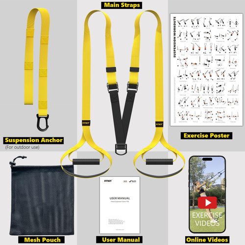 FITKIT Suspension Bodyweight Fitness Training Kit, Full Body Workouts Home Gym Resistance Trainer Straps for Total Body Workouts (Yellow)