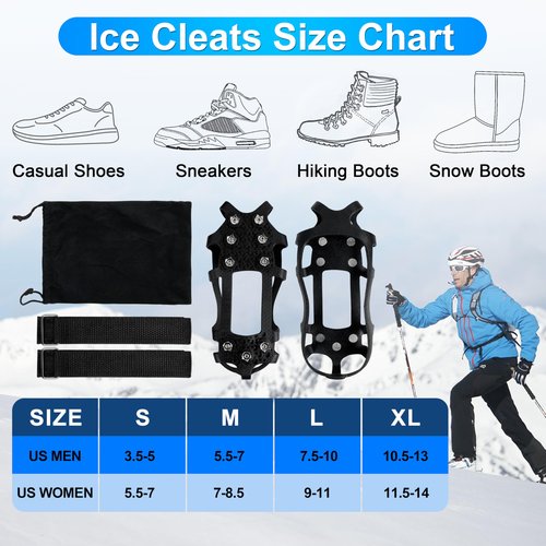 Ice Cleats Snow Traction Cleats Crampons for Shoes, Anti-Skid Overshoe 9 Studs Stainless Steel Grippers Slip-on Stretch Footwear for Walking Jogging Hiking Mountaineering Ice Snow Grips(Large)