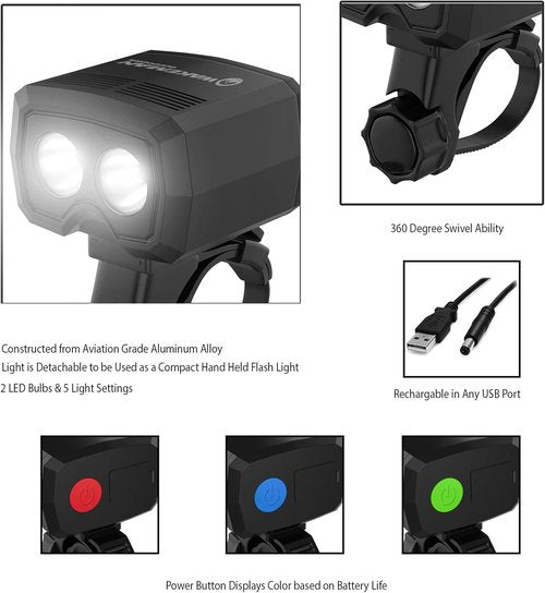 Bike Light-LED Front Bicycle Headlight-Bright USB Rechargeable Handlebar Lamp, 360° Mobility, Detachable, Compact for Road Safety by Wakeman Outdoors
