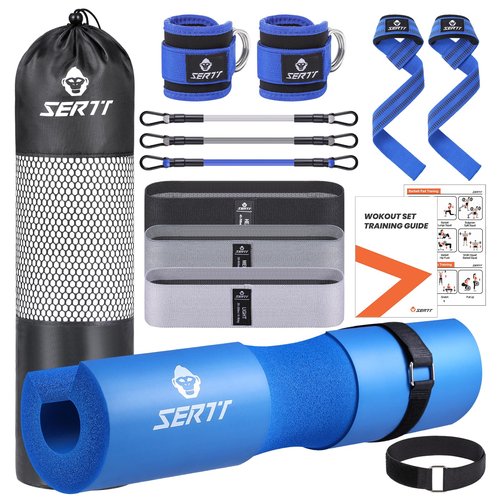 SERTT 12Pcs Foam Barbell Pad Set for Squats, Hip Thrust Pad Gym Essentials Set for Workout, 1 Gym Pad, 1 Carry Bag, 2 Lifting Strap, 2 Ankle Cuffs, 3 Ankle Risistance Band, 3 Hip Resistance Bands