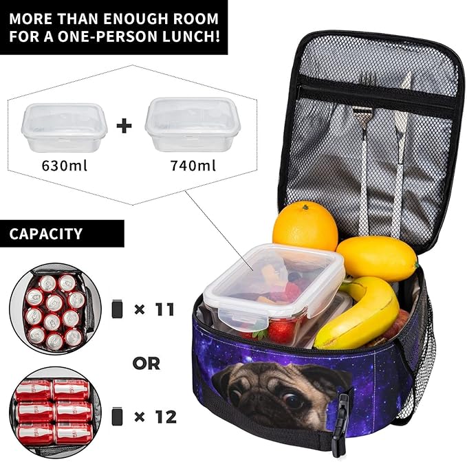 Pug Moon Space Lunch Box Reusable Insulated Totes Lunch Bag Thermal Cooler For Boy Girls School Men Women Beach Picnic Travel