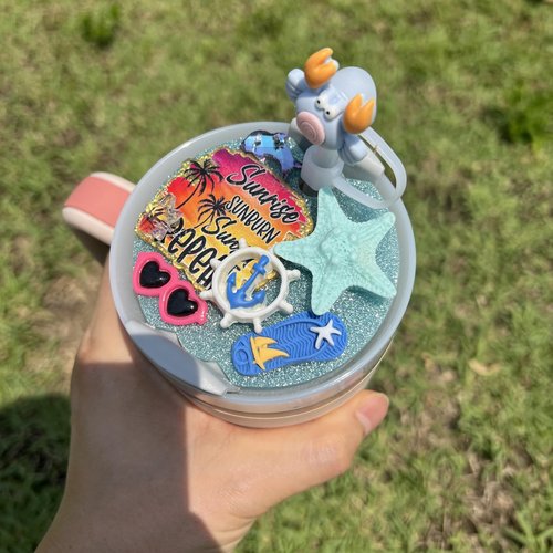 Cute Coastal Beach Vacation Charm for Stanley Cup Accessories 40 Oz Tumbler with Silicone Straw Cover Cap and Lid Plate