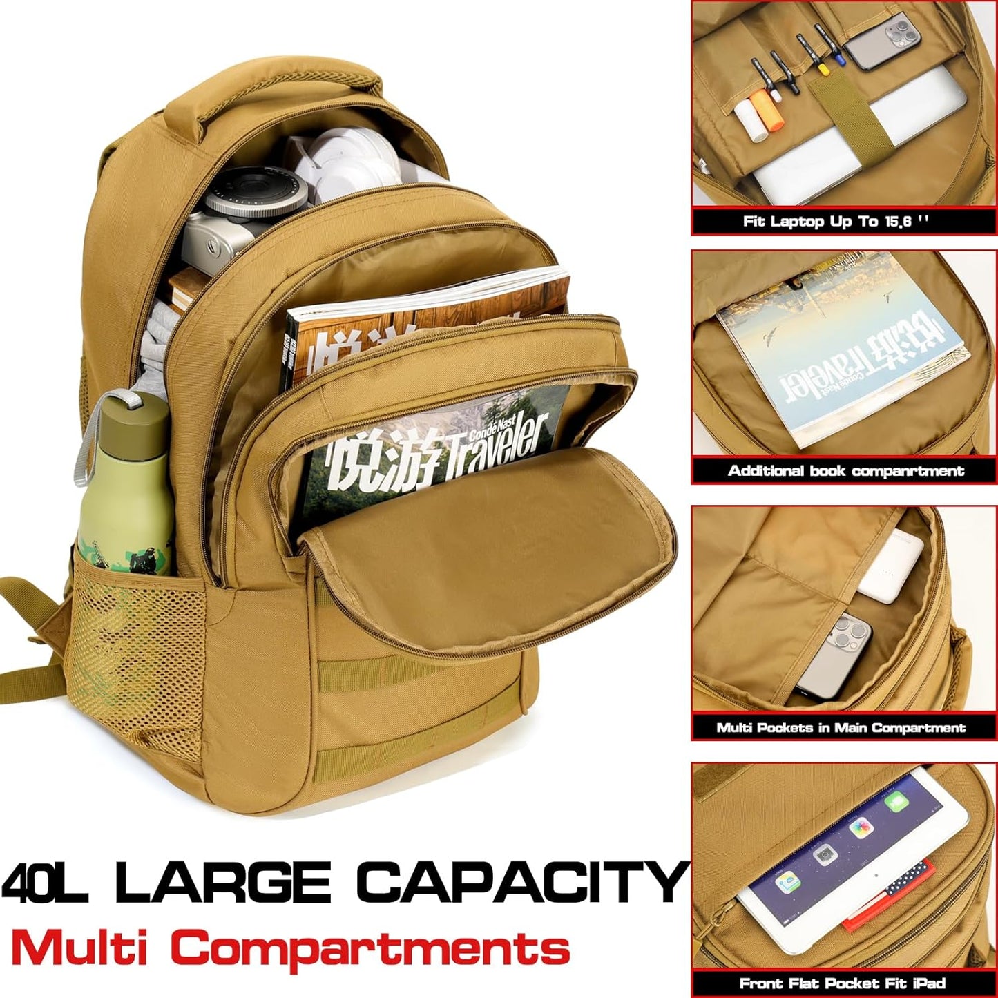 outdoor plus Camo Backpack,Military Boys Backpacks for School,40L Army Bookbag with USB Charging Port Waterproof
