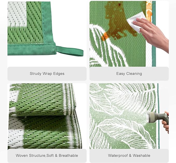 wikiwiki Outdoor Rug, 5x8ft Waterproof Reversible Mat Indoor Outdoor Rugs Carpet, Small Area Rug Plastic Straw Rug for Patio Deck Balcony Pool RV Camping Beach Picnic, Green, Rugscape Series