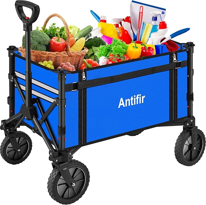 Collapsible Wagon Carts,Folding Wagon Cart with All Terrain Wheels,Heavy Duty Garden Carts with Adjustable Handle,Outdoor Utility Wagon for Camping Shopping Sports Fishing（Blue）