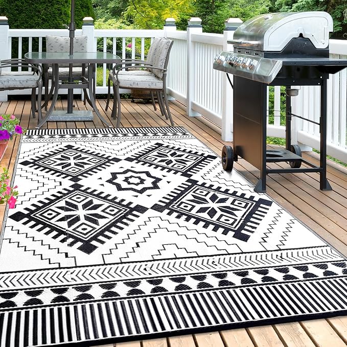 Waterproof Outdoor Rug 6x9ft, Boho Reversible Plastic Straw Mat for Patio RV Deck Porch Backyard Balcony Camping Picnic Beach Indoor Outdoor Carpet, Black&White