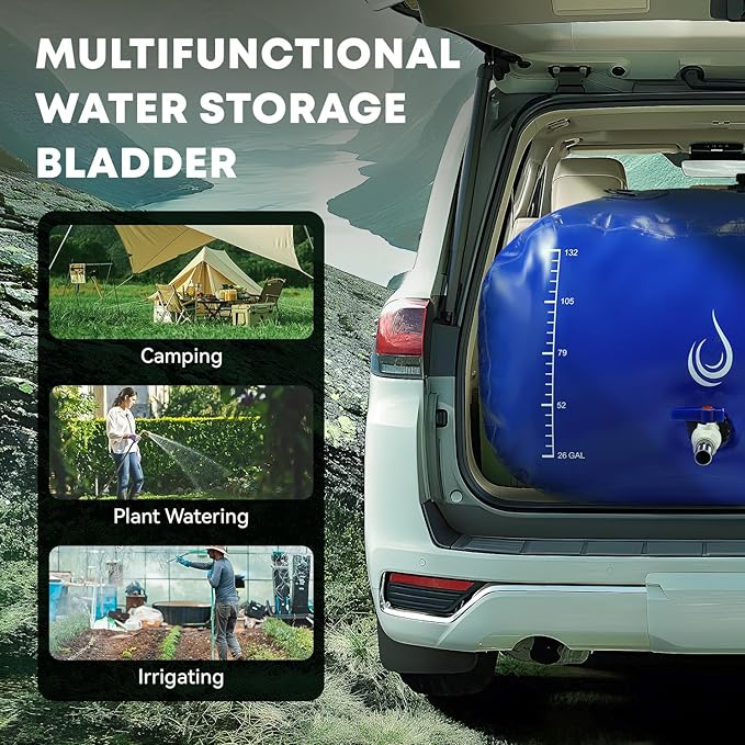 LANUEVA 158 Gal/600L Portable Water Storage Bladder, 1000D PVC Foldable Water Tank with Spigots and Overflow Kit, Water Storage Containers for Emergency Water, RV, Irrigation&Camping (Blue, 600L)