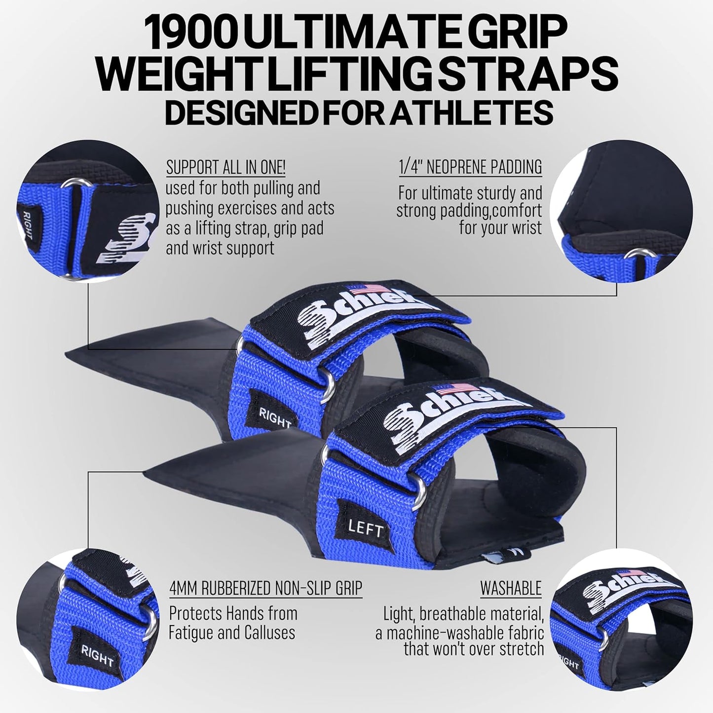 Schiek Sports 1900 Ultimate Hand Grip - 9 mm Thick Neoprene Grips for Weight Lifting - Ultra Durable Non Slip Secure Grip