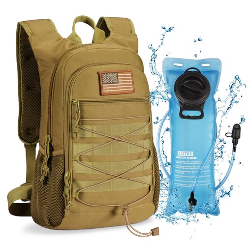 CVLIFE 3L Hydration Backpack Lightweight, 900D Heavy Duty Water Backpack for Hiking, Tactical Hydration Pack Backpack, Molle Day-Pack with TPU Water Bladder for Hiking, Running, Cycling, Camping, Tan