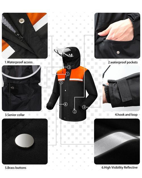 iCreek Rain Suit Waterproof Jacket and Trouser Suit Raincoat for Men and Women Outdoor All-Sport Breathable Anti-storm (Black/Orange, XL)