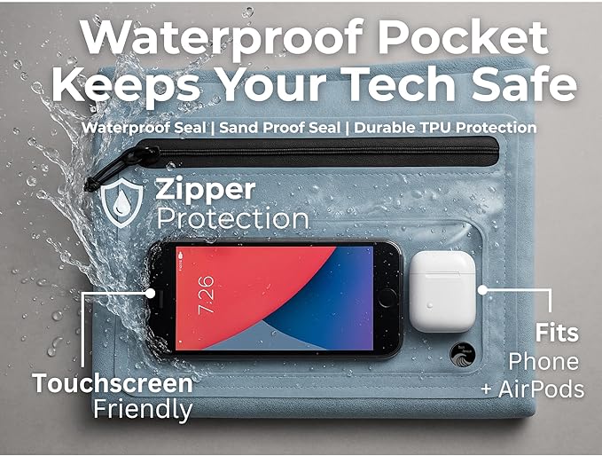 Go Anywhere Towel with Waterproof Phone Pouch - Quick Dry, Sand Free, Compact Beach Towel for Pool, Boat, Travel, Camping, Hiking & Outdoor Adventures (Gray)