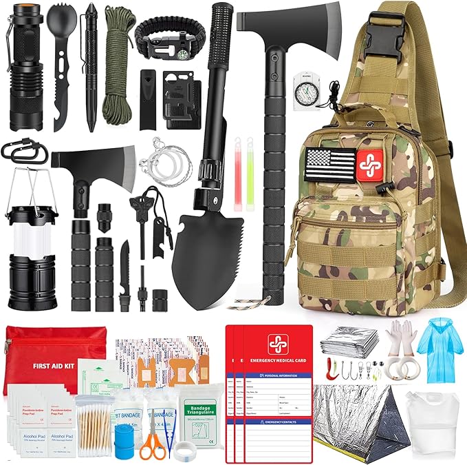 Survival Kit, 262Pcs Survival Gear and Supplies with First Aid Kit Pouch and Crossbody Bag, Emergency Kit with Tent, Camping Axe Hammer, Survival Shovel w/Pick, Bug Out Bag Gifts for Men Women