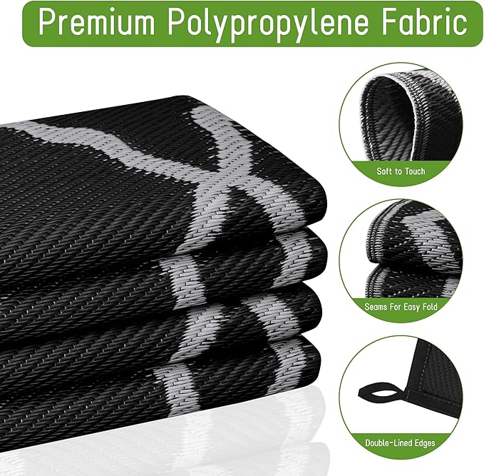 Easy-Going Reversible Outdoor Rugs 5x8ft Waterproof Plastic Straw Rug Stain & UV Resistant Floor Mat for Patio Porch RV Backyard Pool Deck Picnic Beach Trailer Camping (Moroccan Black & Light Grey)