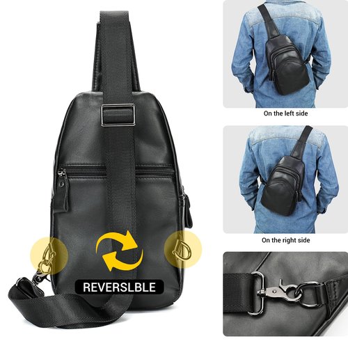 MASIWEI Genuine Leather Sling Bag for Mens Crossbody Bag Shoulder Backpack Fashion Chest Bag Travel Hiking Daypack, Black