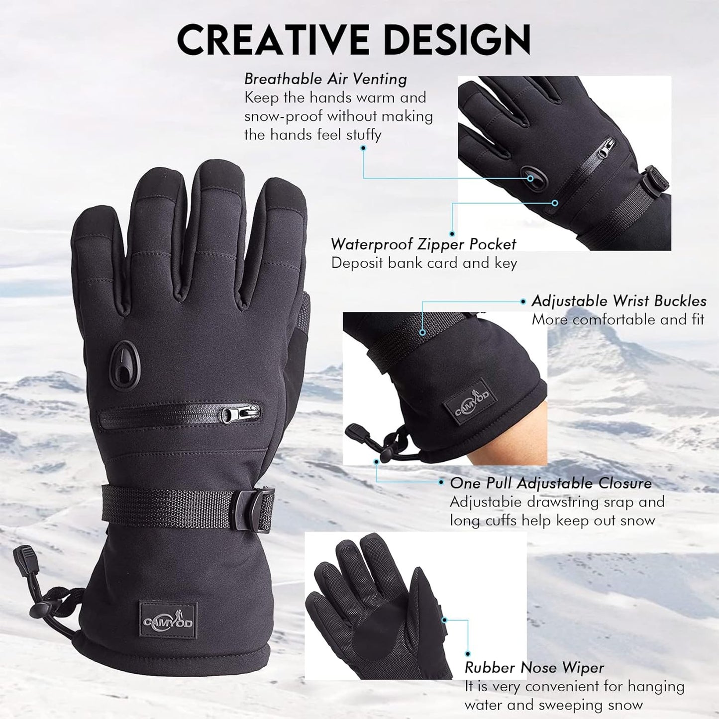 Waterproof Ski Snowboard Gloves with 3M Thinsulate,Zipper Pocket, Air Vent, Cold Weather Gloves for Men