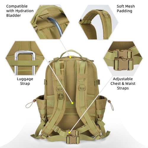 CVLIFE Tactical Backpack for Men Military Army Backpack 40L Large Molle Army Assault Pack Bug out Bag Tactical Military Survival Rucksack for Hiking, Hunting, Travel, Fishing, Camping, Tan