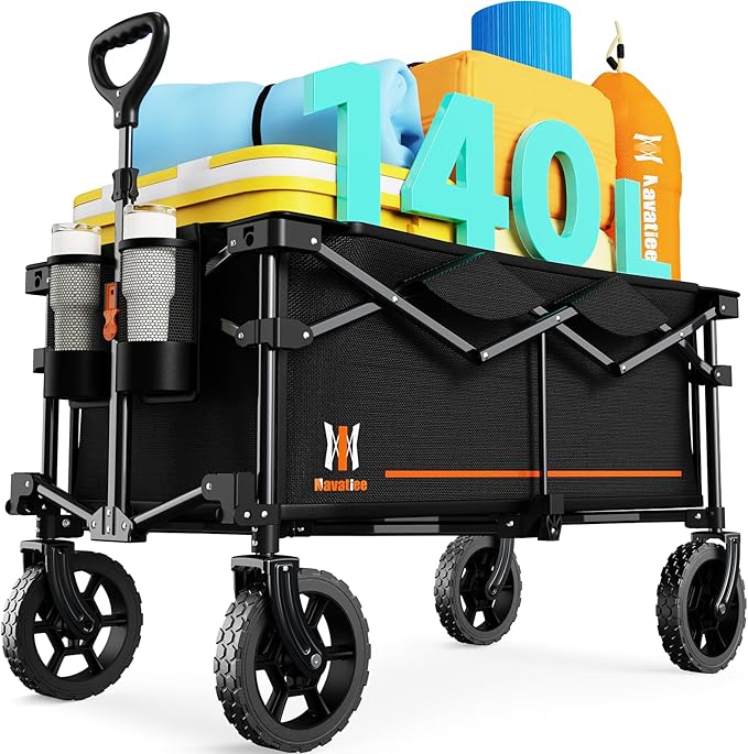 Navatiee 140L Collapsible Folding Wagon, Large Capacity Foldable Wagon with Silent All-Terrain Wheels, Utility Grocery Cart for Camping Shopping Outdoor, Black