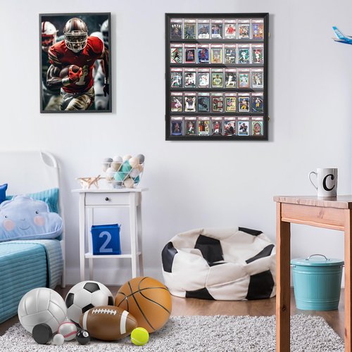 WELIDAY Graded Sports Card Display Case - 35 Baseball Sports Card Display Frame with UV Protection, Clear View Lockable Wall Cabinet for Collectible Trading Card