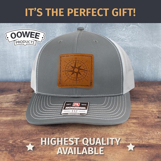 Leather Patch Hat for Men - Richardson 112 Trucker Hat w/Full-Grain Leather Patch, Laser-Engraved, Machine-Stitched