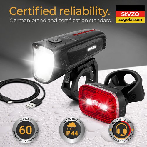 Bike Lights 100 Lux - 2000 mAh Battery - with Reflector & Brake Light - USB-C Rechargeable & Splash Proof - Bike Lights for Night Riding - Bike Headlight - Bicycle Lights Front and Rear