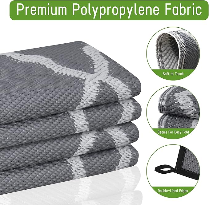 Easy-Going Reversible Outdoor Rugs 5x8ft Waterproof Plastic Straw Rug Stain & UV Resistant Floor Mat for Patio Porch RV Backyard Pool Deck Picnic Beach Trailer Camping (Moroccan Grey & Light Grey)