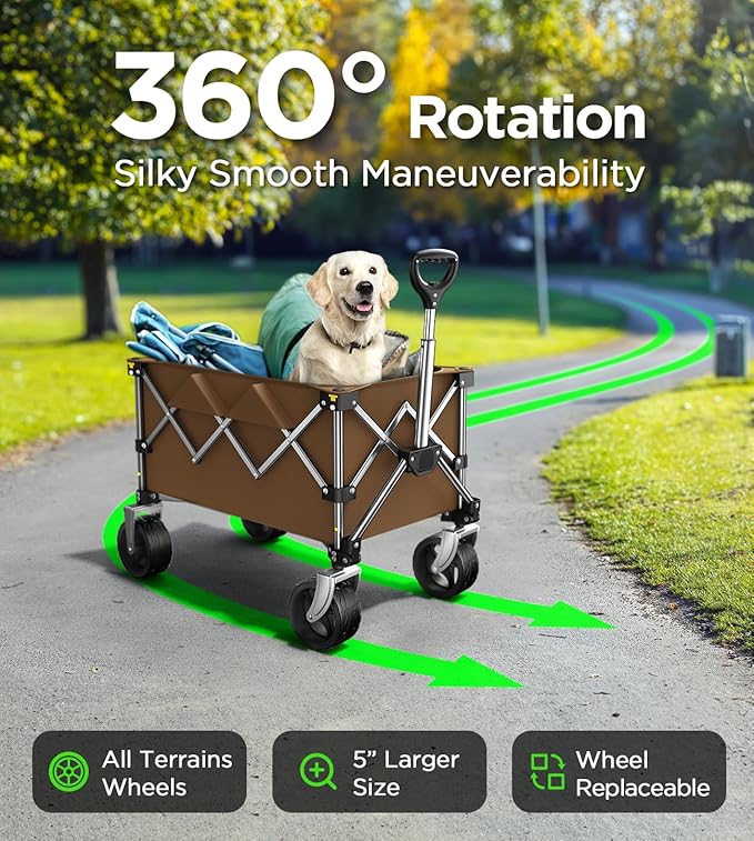 Beach Wagon,CollapsibleWagon 220lbs with Big Wheels Foldable Wagon Carts,Portable Utility for Garden Grocery Sports Camping All Terrain-Khaki