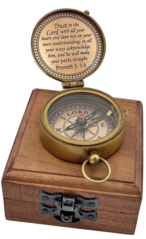LEITH CAMINDS Trust in The Lord Engraved Compass with Wooden Box, Brass Antique Compass for Hiking, Camping, Religious Gifts Men Women Catholic, Graduation Gift- Inside Engraved, Bronze