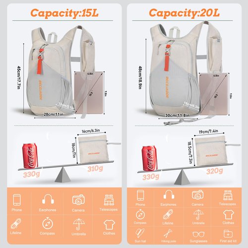 BECOJADDE 15L Small Hiking Backpack for Men Women Foldable Packable Back Pack Ultralight Hiking Daypack for Travel Camping Outdoor, Beige