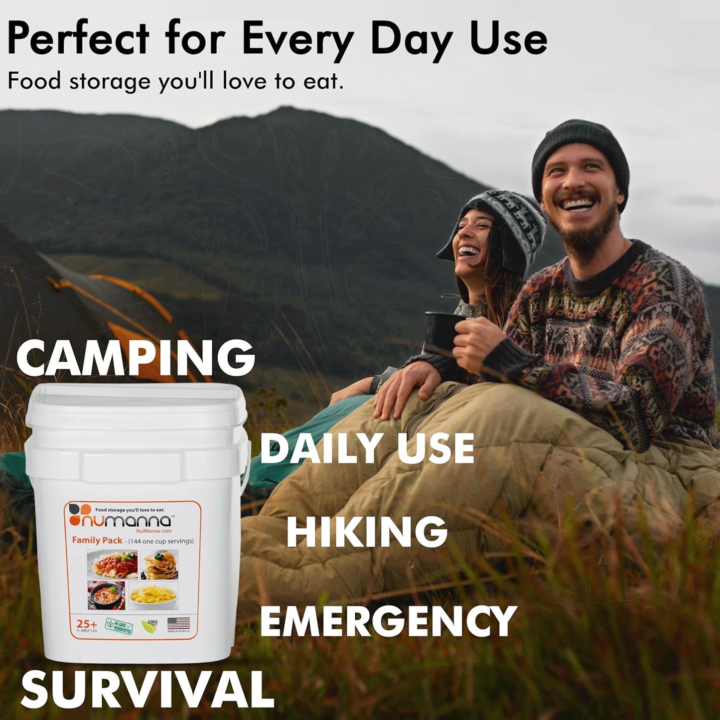 Numanna Family Pack Bucket 144 Servings 1-Month Emergency Meal Kit | Easy-to-Prepare, Non-GMO Freeze-Dried Survival Food | Everyday Meals in Resealable Pouches | Made in USA | 25+ Year Shelf Life