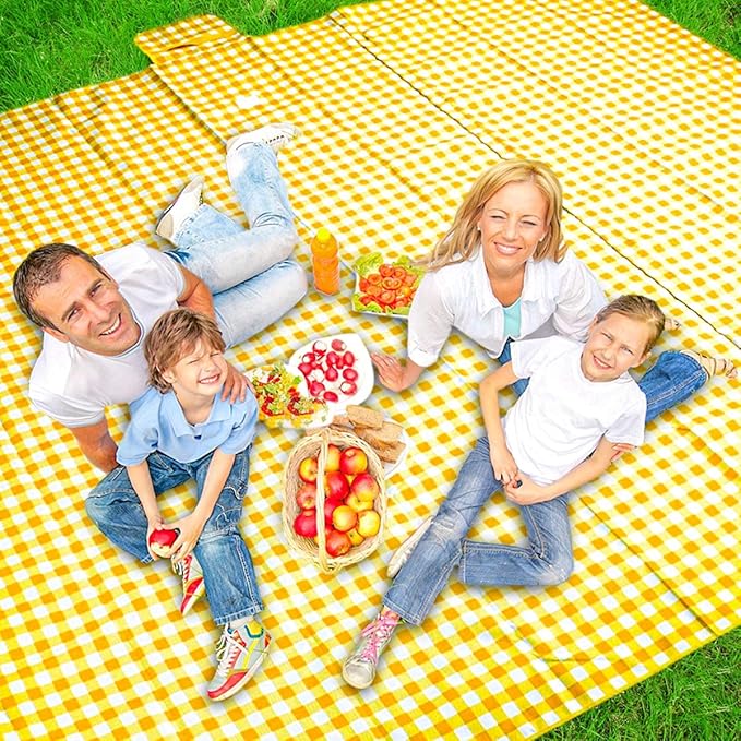 ZHUYNXIR Extra Large Picnic, Waterproof Blanket, Gingham Picnic Mat for Beach, Camping Grass Picnic Blankets. (Yellow 58x58 inch)