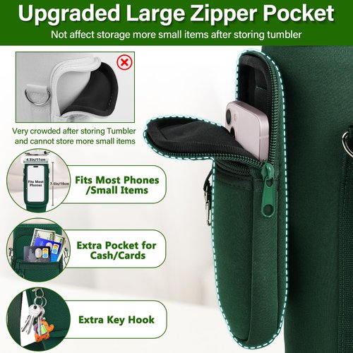 Water Bottle Carrier Bag with Phone Pocket Compatible with Stanley/Meoky 40 oz Tumbler with Handle,Water Bottle Holder Pouch with Adjustable Strap Compatible with Stanley Cup Accessories,Green