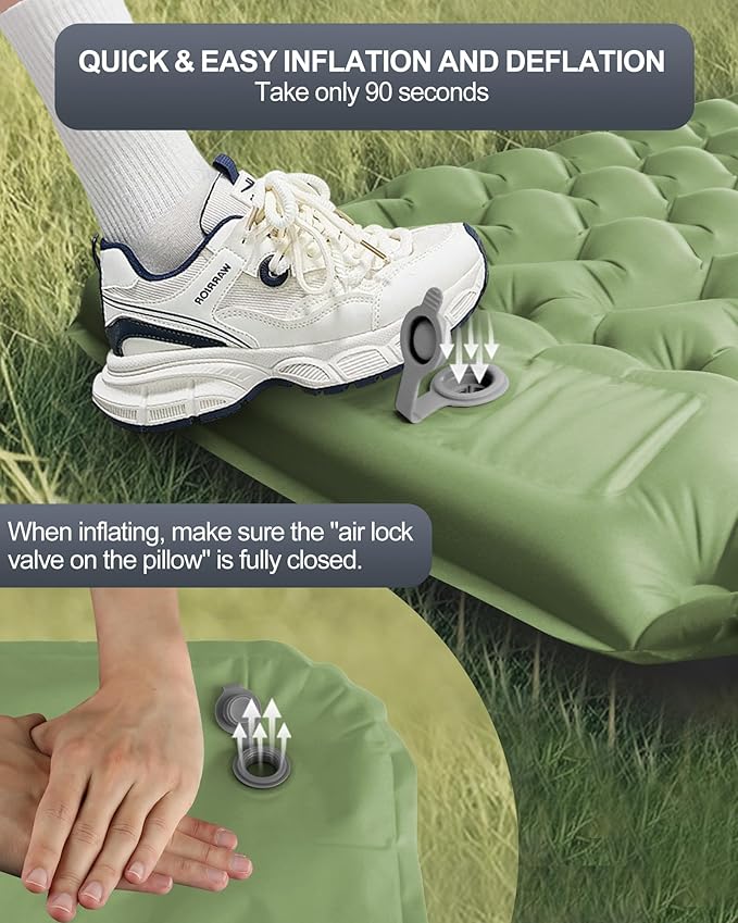 Inflatable Camping Sleeping Pad with Pillow & Foot Pump, 3"x79"x26" Single Camping Air Mattress, Compact Roll-Up, Quick-Dry & Durable Sleeping Mat for Backpacking, Hiking, Tent, Travel – Grass Green