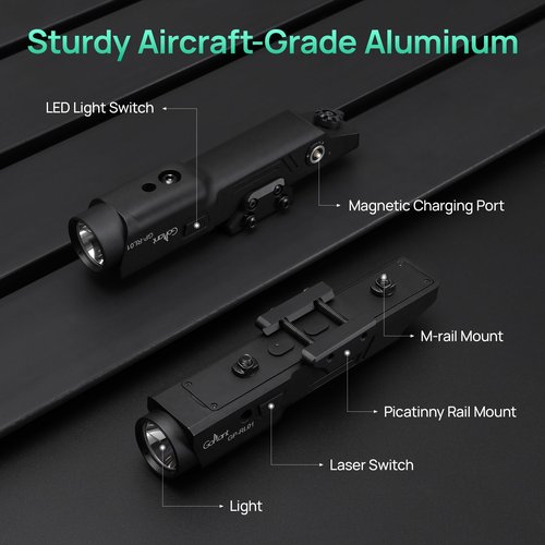 2500 Lumen Aluminum Alloy Rifle Laser Light Combo, 2.5 Hours Long Runtime AR15 Weapon Light and Green Laser, Picatinny Rail MLOK Mounted LED Tactical Flashlight, Low Profile Flashlight AR Rifle R15