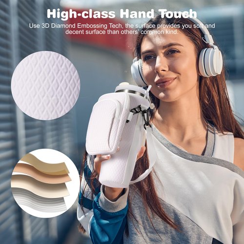Water Bottle Carrier Bag with Removable Phone Pocket for Stanley 40oz Tumbler, Stanley Purse for Spots&Outdoors, Stanley Cup Accessories with Adjustable Shoulder & Hand Strap, White