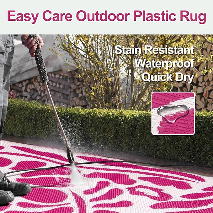 Wonnitar Outdoor Rug 6x9, Waterproof RV Outdoor Rugs for Camping, Reversible Plastic Straw Outside Camping Rug Large Portable Abstract Floral Picnic Mat for Camper Garden Beach Camp (Pink, 6'x9')