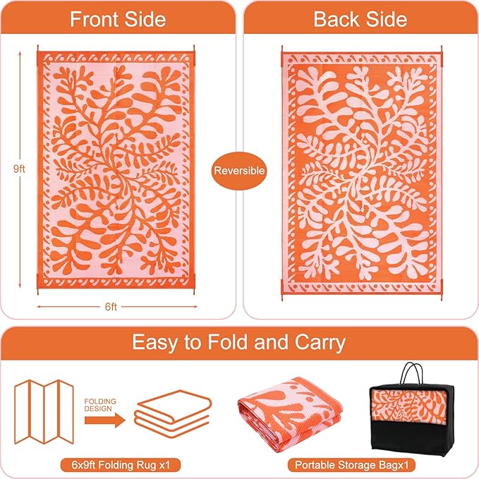 Anidaroel 6'x9' Outdoor Rug for Patio, Reversible Waterproof Patio Rug, Outdoor Plastic Straw Rug Outside Area Rug, RV Mat for Camping, Porch, Balcony, Pool Deck, Backyard (Orange, 6’x9')