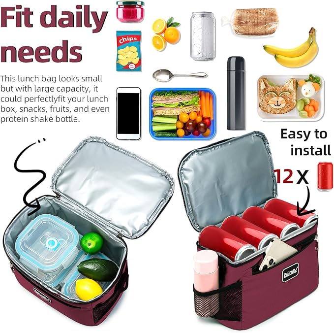 BEIMILY Lunch Box for Men/Women,Small Insulated Lunch Bag,Reusable LunchBox for work Picnic Hiking Beach,Leakproof Soft Cooler Tote Bag Organizer with Adjustable Shoulder Strap for Adults (Dark red)