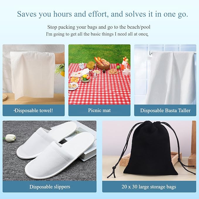 Disposable Kits 5p,Beach Vacation Essentials,Car Camping Essentials,Camping Shower,Disaster Emergency Supplies,Include Beach Towel, Slippers, Disposables Bath Towels, mats, Storage Bags