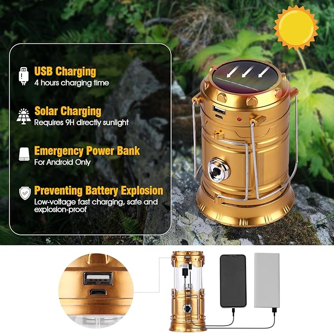 Solar Camping Lantern for Power Outages - USB Rechargeable Lamp Camping Essentials，Collapsible Waterproof Solar Lights for Indoor Outdoor Emergency Light/4 Packs/Gold