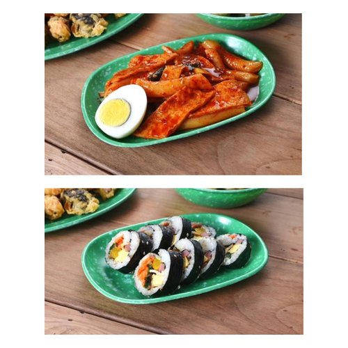 Retro Korean Tteokbokki Plate Set, 6 Melamine Pieces, Spoon, Chopsticks, 2 Ramen Bowls, 2 Square Plates, 3 Compartment Plate, Sauce Dish