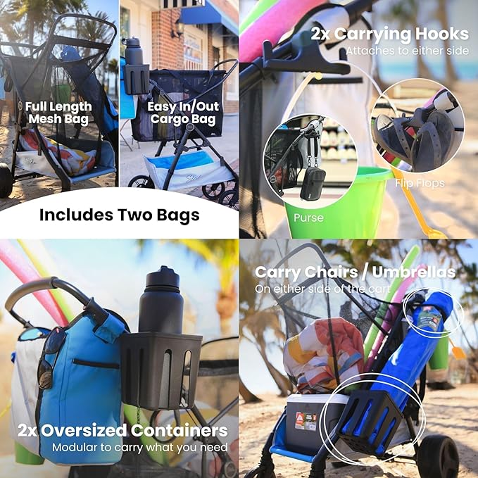 Large Wheeled Collapsible Beach Cart for Soft Sand, Shopping, Camping & Garden- Lightweight Aluminum Frame- Removable Storage Bag with Carrying Straps, X-L Capacity & Cooler Rack Dark Grey