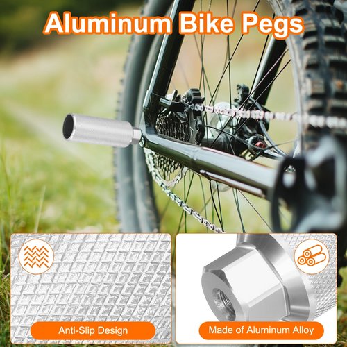 HARFINGTON 2 Pairs Bike Pegs Aluminum Alloy Rear Stunt Pegs Anti-Skid Back Seat Stands Fit 3/8" Axles for Mountain Bike BMX, Silver