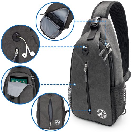 Brazos Crossbody Sling Hiking Daypack, 6 Pocket Design, Removable Phone Compartment, Headphone Accessible Hole, Reversible Shoulder Strap, Hiking Accessory, Grey